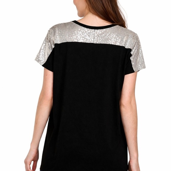 POL Sequin Shoulder & Pocket Tee - Black with Silver - Picture 2 of 5